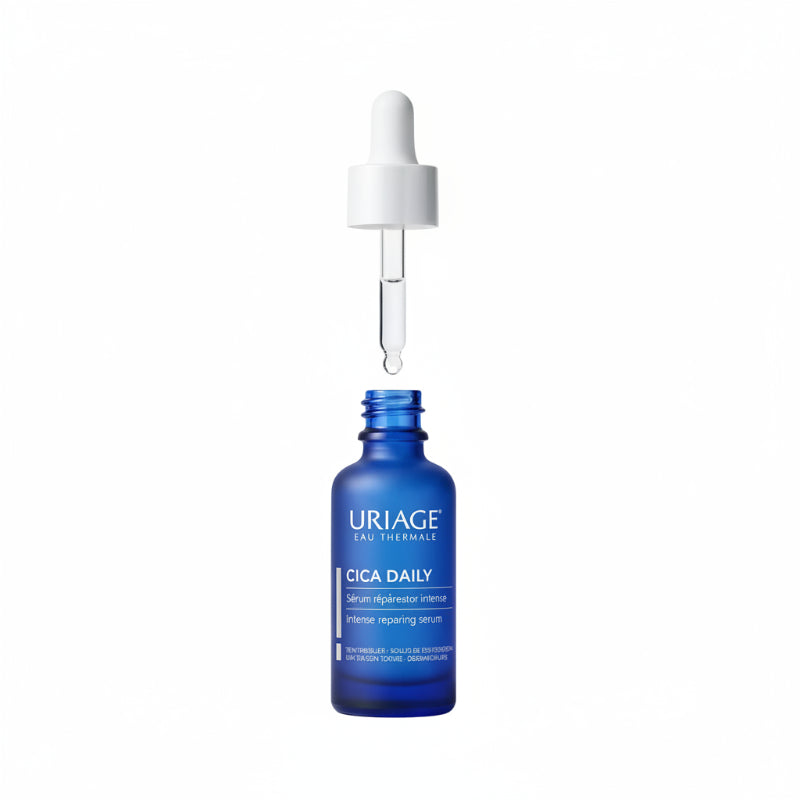 Uriage Cica Daily serum bottle with dropper on a white background