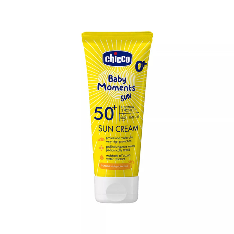Chicco Baby Moments Sun cream tube on a white background