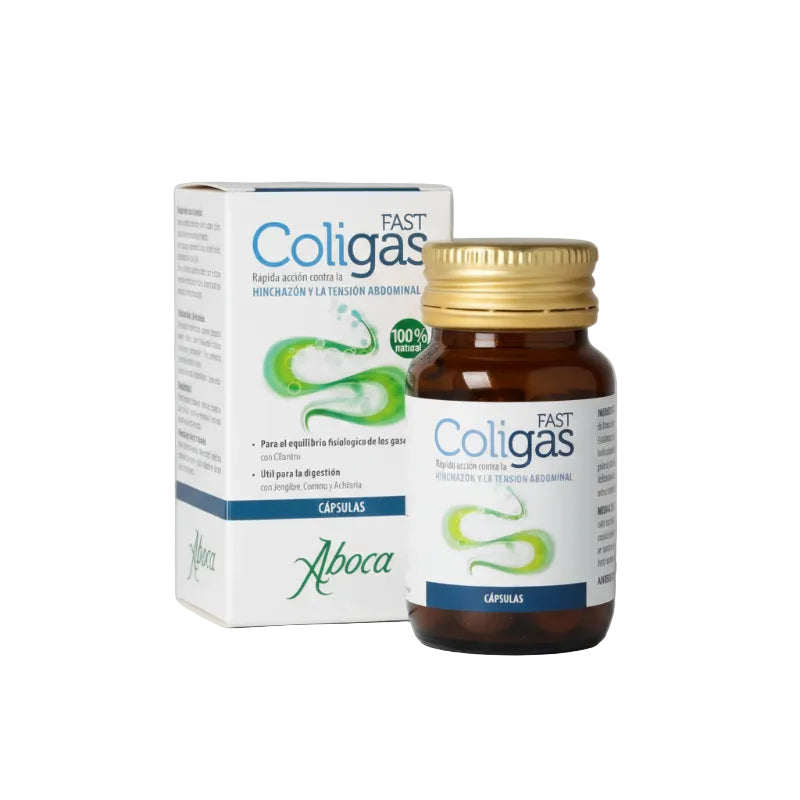 A bottle and box of Fast Coligas Aboca capsules, featuring a white label with blue and green graphics, a gold cap, and an amber glass bottle, shown against a plain white background.