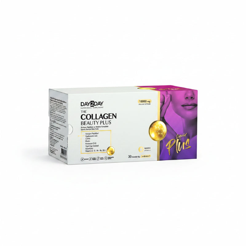 Day2Day Collagen Beauty Plus supplement box with a purple and white design.