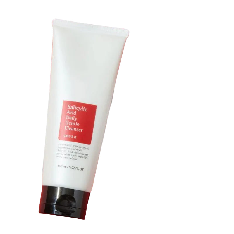CosRX Salicylic Acid Daily Gentle Cleanser tube with foam on a red background