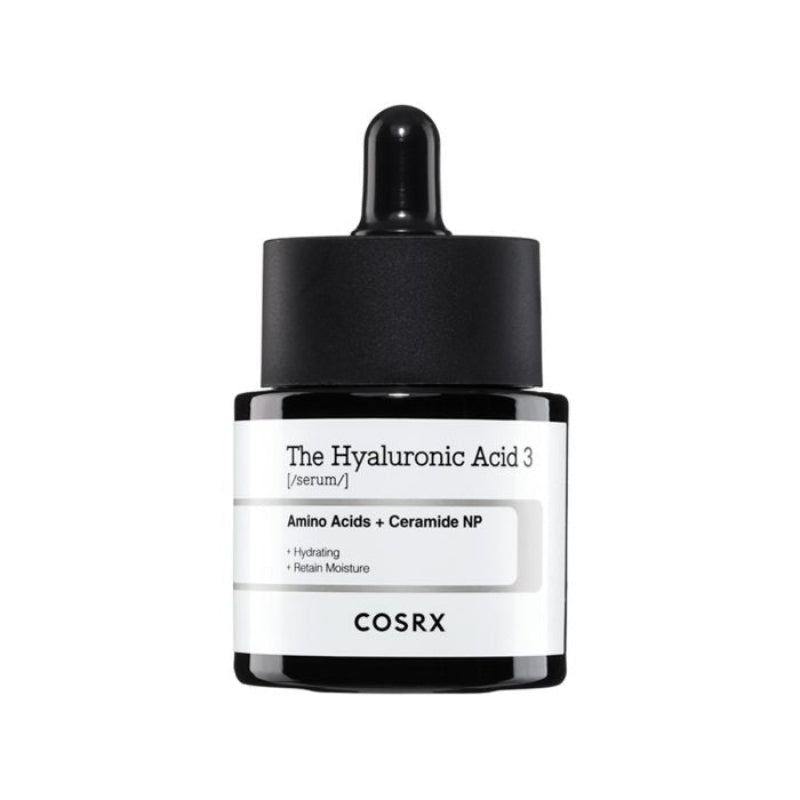 A black and clear glass dropper bottle with a white label that reads 'COSRX The Hyaluronic Acid 3 Serum'.
