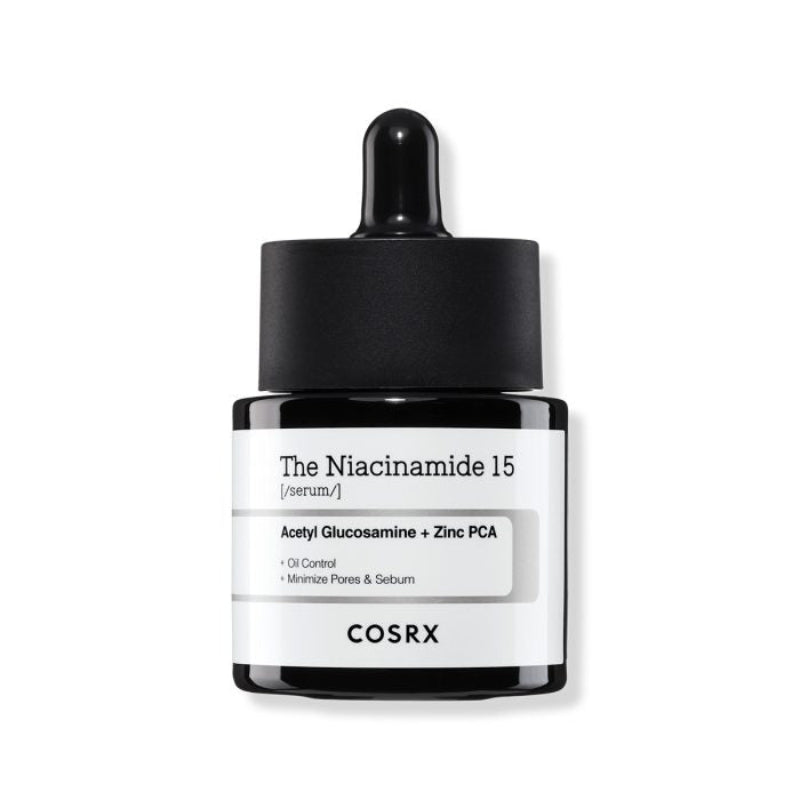 A bottle of COSRX The Niacinamide 15 Serum with a dropper cap.