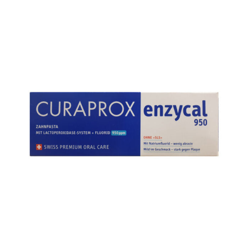 Packaging of Curaprox Enzycal 950, a Swiss premium oral care product, with a blue and white color scheme and product information.