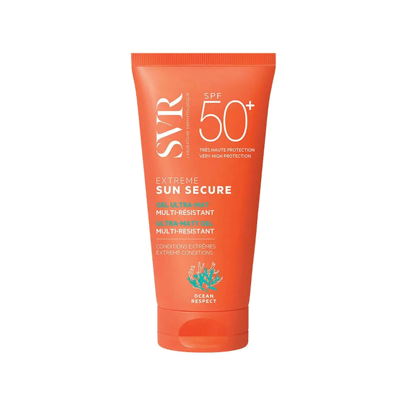 Orange sunscreen tube with SPF 50+ on a white background