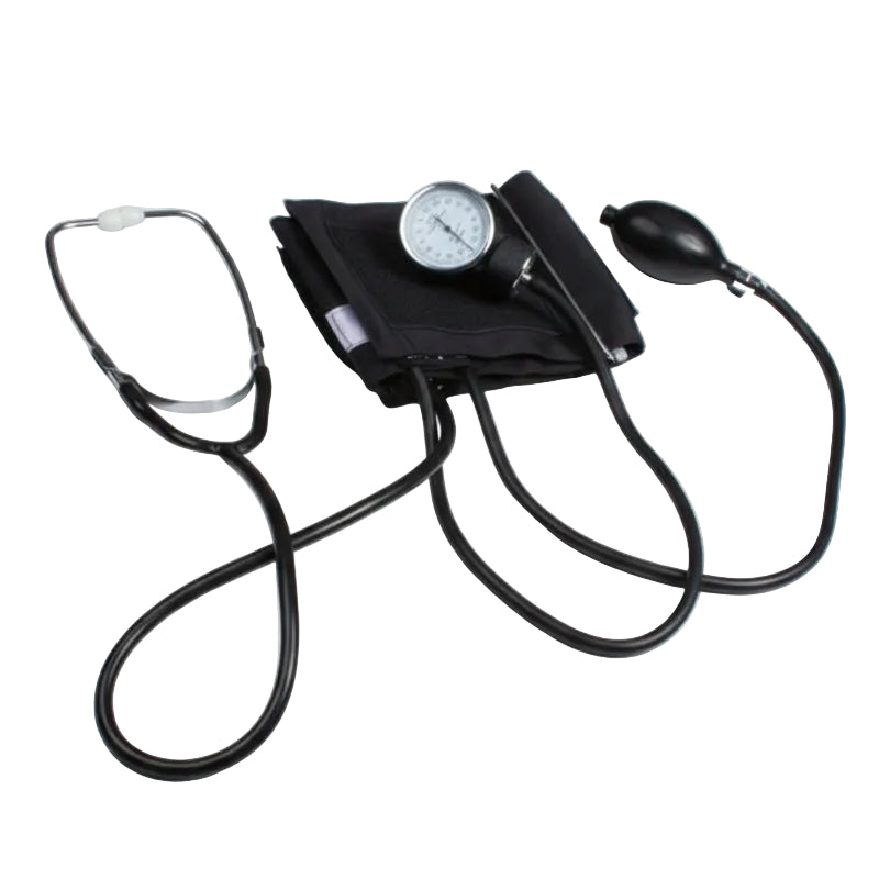 Blood pressure monitor and stethoscope on a white background