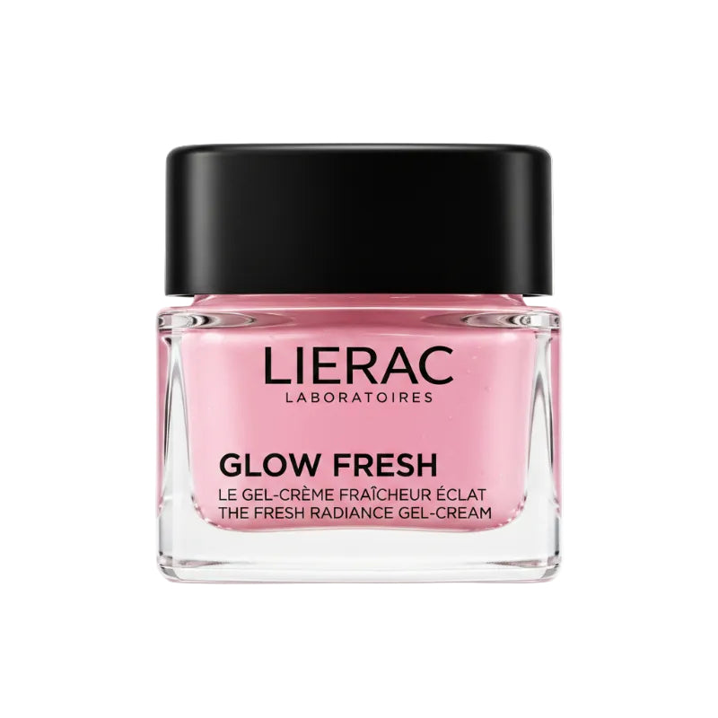 Lierac Laboratories Glow Fresh gel-cream in a clear glass jar with a black lid, showing a bright pink cream inside.