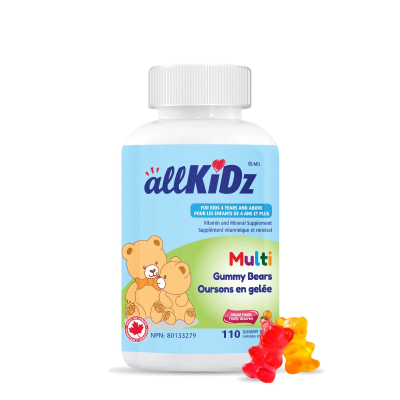 allKiDz Multi Gummy Bears supplement bottle with gummy bears on a white background