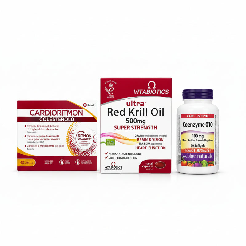 Three health supplement products on a white background