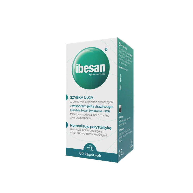 A box of Ibesan SyzybkĊ Ulga digestive supplement, featuring a white and teal design with Polish text, shown on a plain white background.