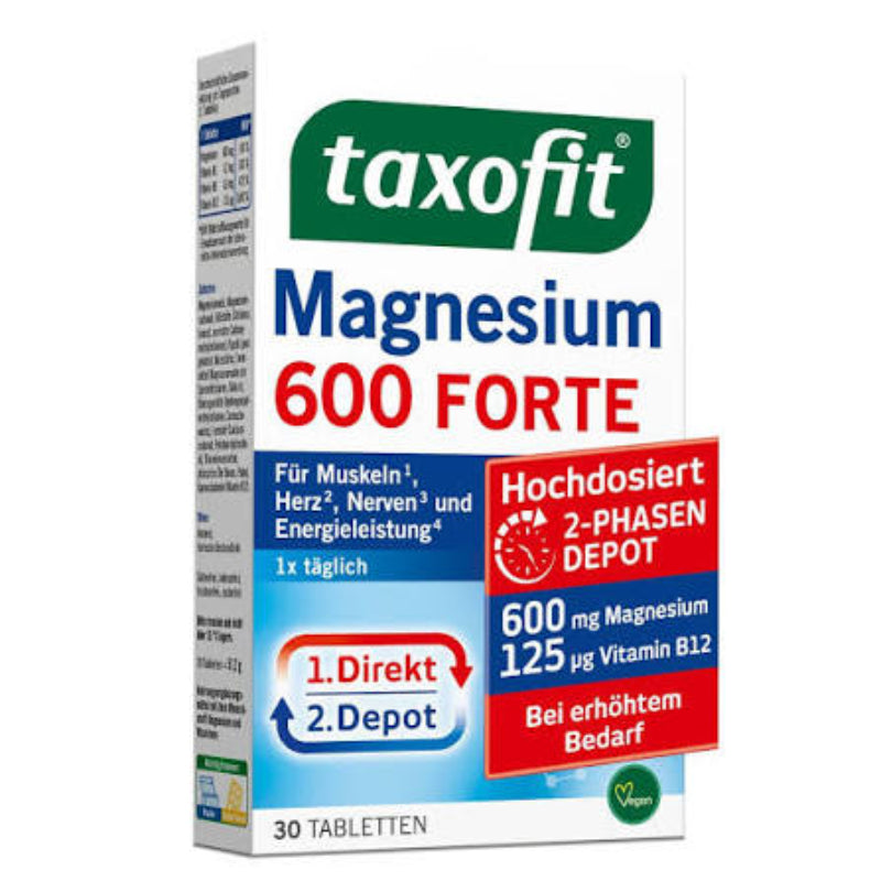 A box of taxofit Magnesium 600 Forte dietary supplement, featuring a white background with green, blue, and red text and graphics.