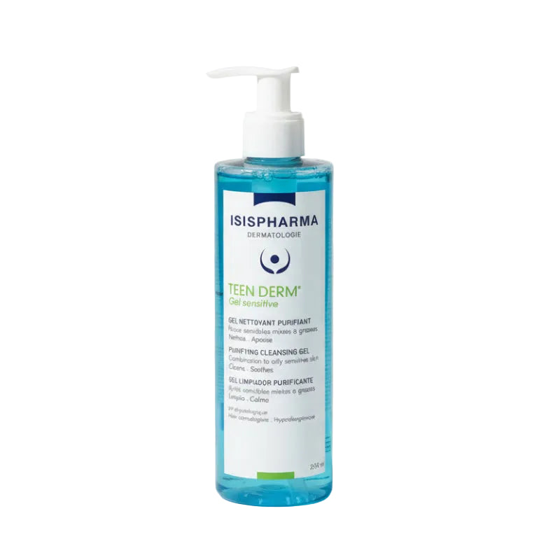 A pump bottle of ISISPHARMA Teen Derm Gel Sensitive For Oily Skin, 250ml.