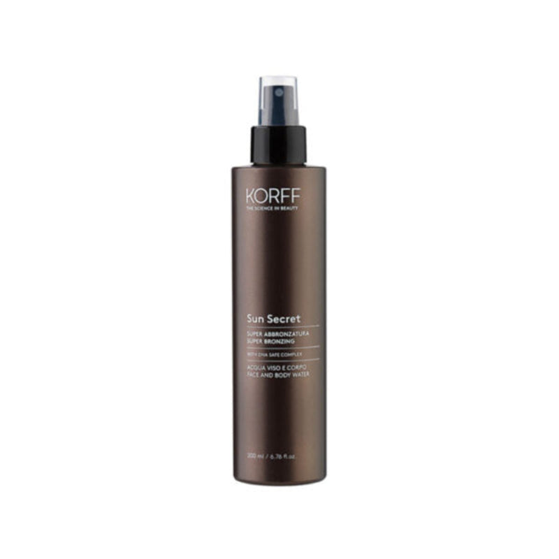 A brown spray bottle labeled KORFF Sun Secret Super Bronzing Water, designed for tanning.