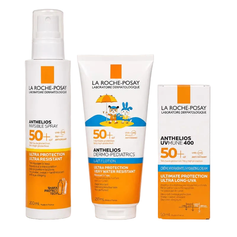 La Roche-Posay sun protection products including spray, cream, and box on a white background