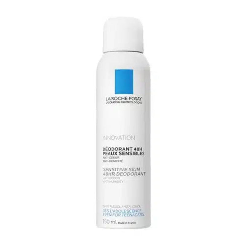 A 150 ml white aerosol can of La Roche-Posay Sensitive Skin 48HR Deodorant, featuring the brand's signature blue square logo and black and blue text on a clean white background.