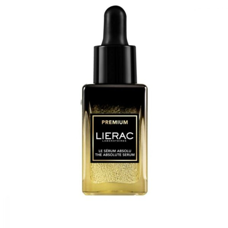 A bottle of LIERAC Premium Absolute Serum with a dropper cap.