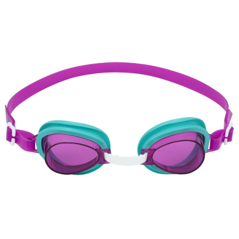 Swimming goggles with purple and teal design on a white background