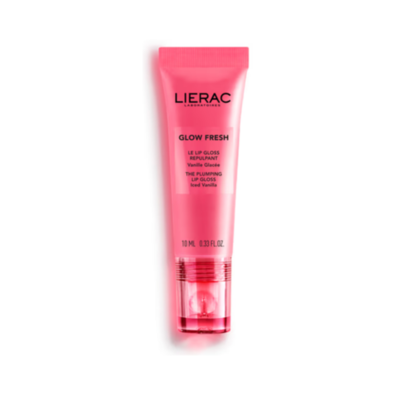 A tube of Lierac Glow Fresh lip gloss in a vibrant pink shade, shown against a plain white background.