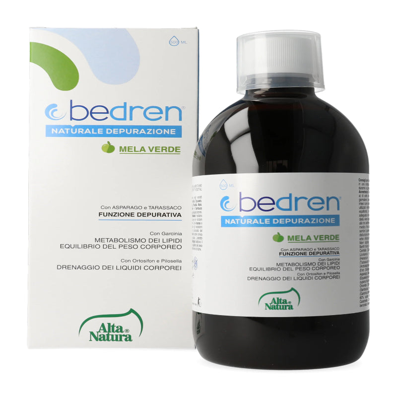 Bedren Mela Verde natural depurative liquid in a dark bottle next to its white and green packaging box, on a white background.