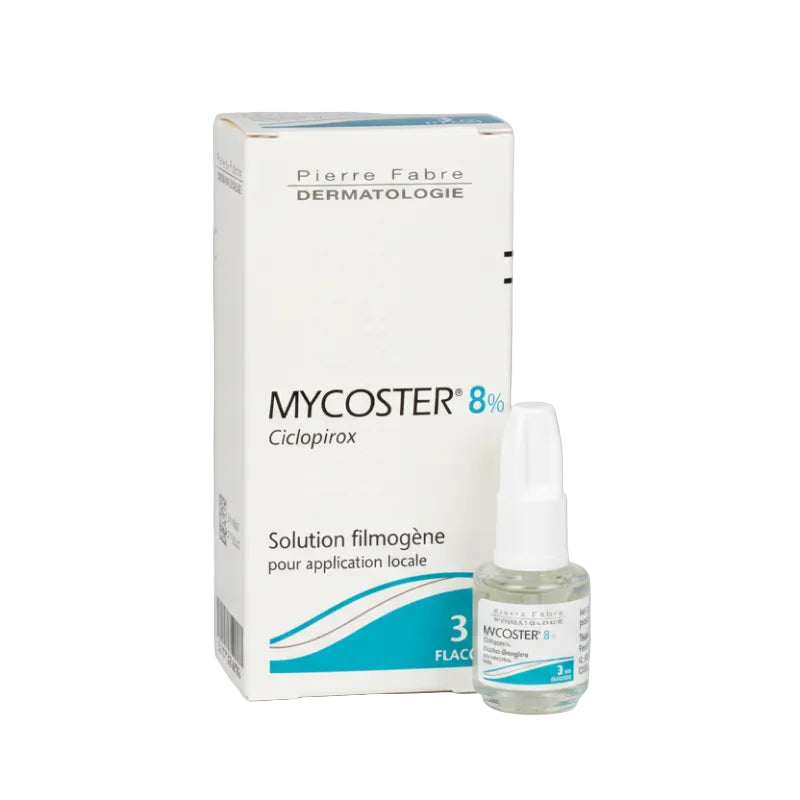 Mycoster 8% Ciclopirox solution filmogene packaging with bottle on a white background