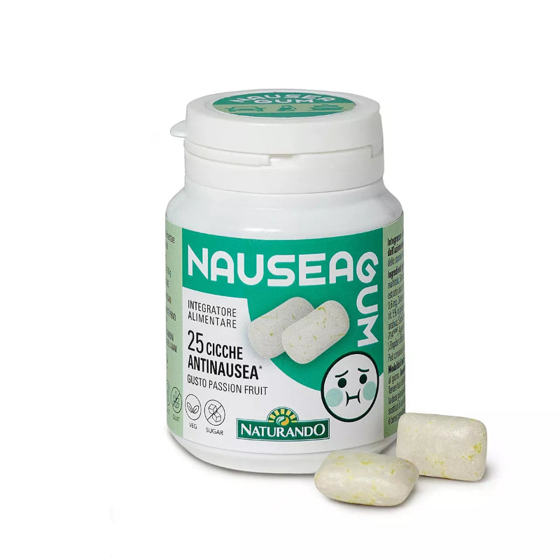 Nausea relief supplement bottle with green label on a white background