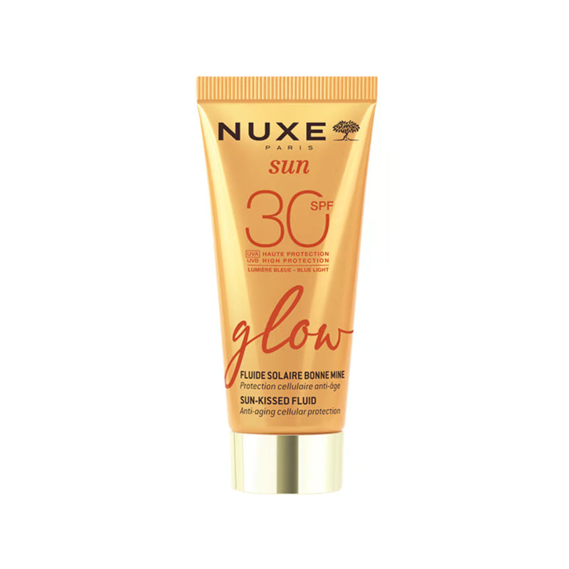 Nuxe sun cream tube with SPF 30 on a white background