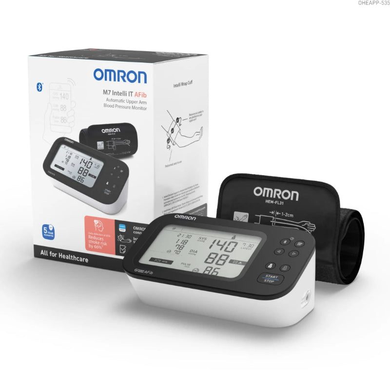 Omron blood pressure monitor with packaging on a white background