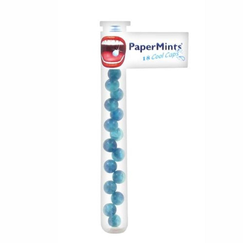 Tube of blue mints with PaperMints packaging on a white background