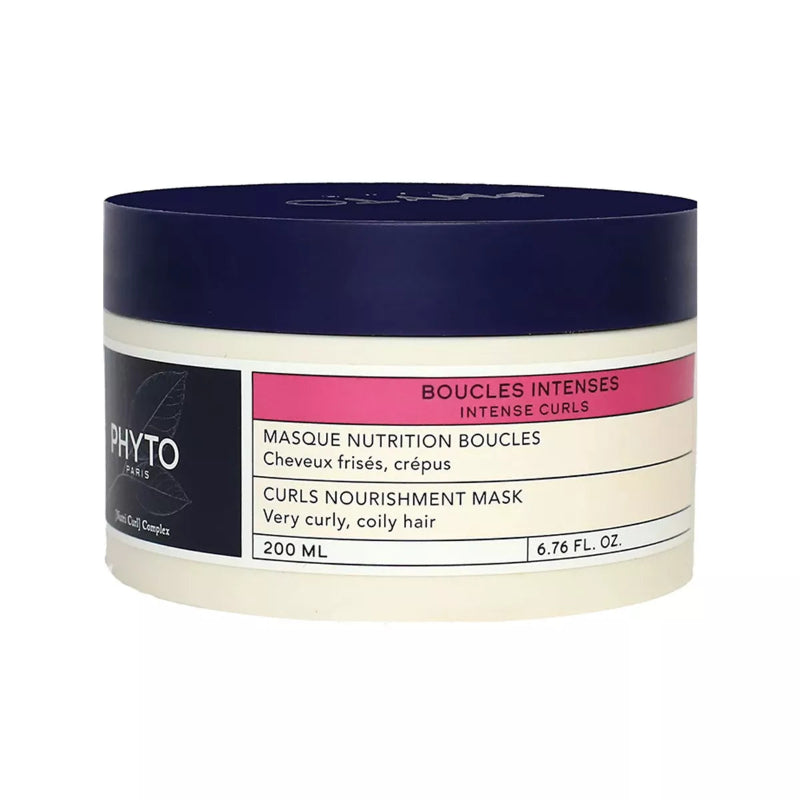 Phyto hair mask container with blue and white design on a white background