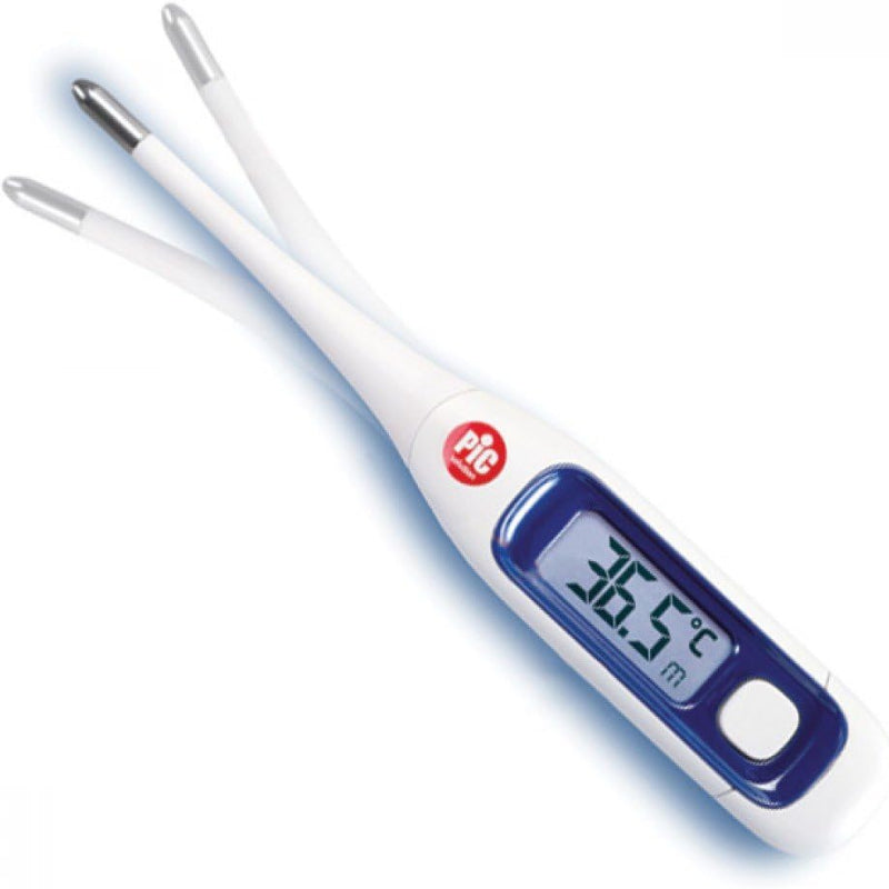 Digital thermometer with a white body and blue display on a white background