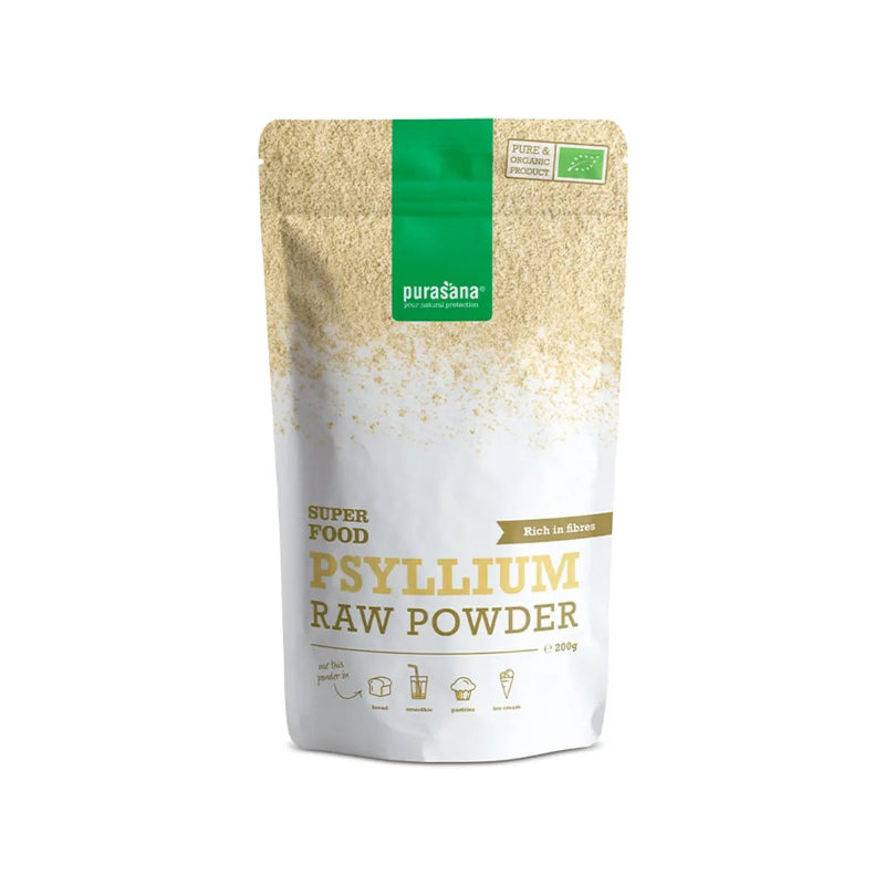 A stand-up pouch of Purałana Psyllium Raw Powder on a plain white background. The packaging features a textured beige top half representing the powder, a white bottom half, a green vertical banner with the brand name, and gold lettering for the product name.