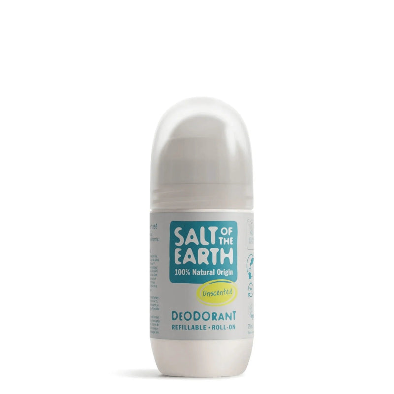 A roll-on deodorant bottle from the brand Salt of the Earth, featuring a white cap and a label with teal and yellow accents, set against a plain white background.