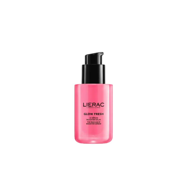 A bottle of Lierac Glow Fresh Full Repair Hyaluider gel in a vibrant pink bottle with a black pump dispenser, centered on a plain white background.