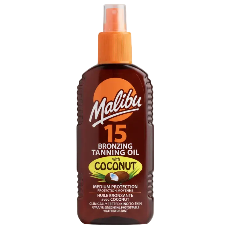 Malibu bronzing tanning oil bottle with coconut flavor on a green background