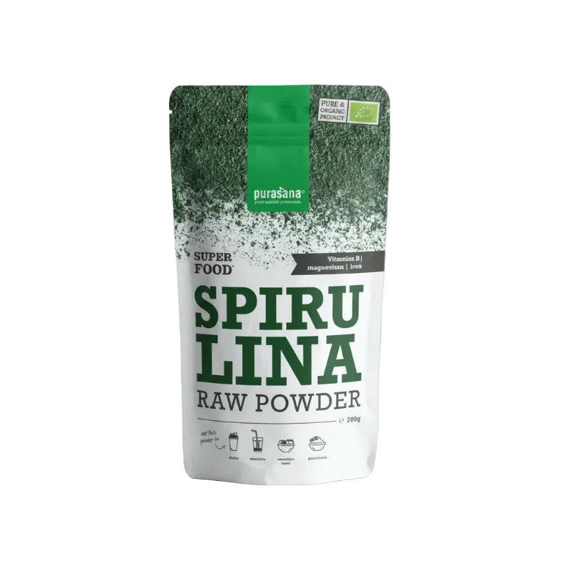 A 200g stand-up pouch of Puraŏană Spirulina Raw Powder, featuring a green and white design with a textured top half showing the powder.