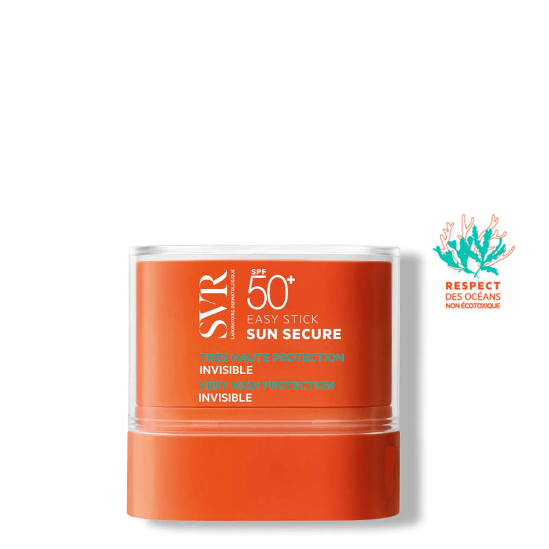 Orange stick of SVR Sun Secure sunscreen on a white background