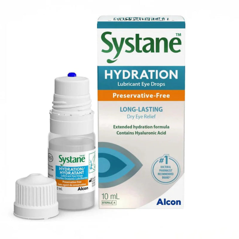 Systane Hydration eye drop bottle and packaging on a white background