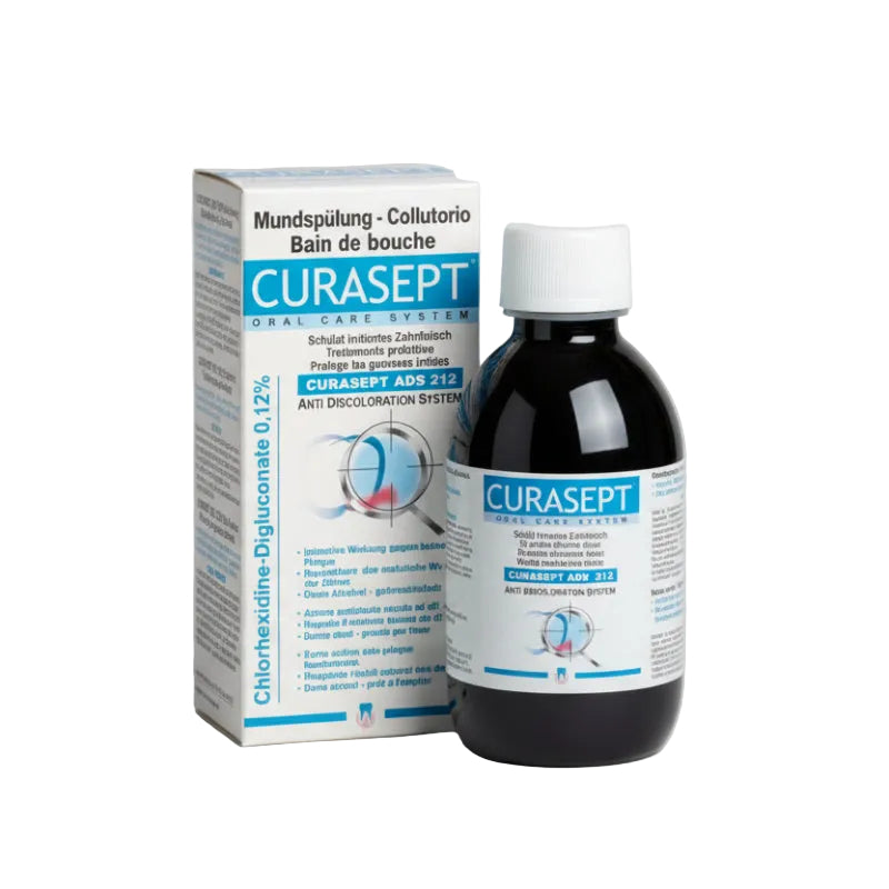 Packaging and bottle of Curasept chlorhexidine mouthwash, 0.12% concentration in a 200 ml container, with branding and product information displayed.