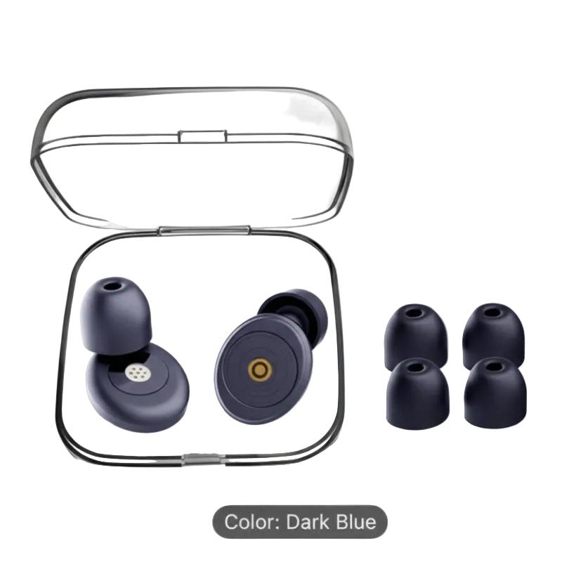 Dark blue wireless earbuds with charging case on a white background