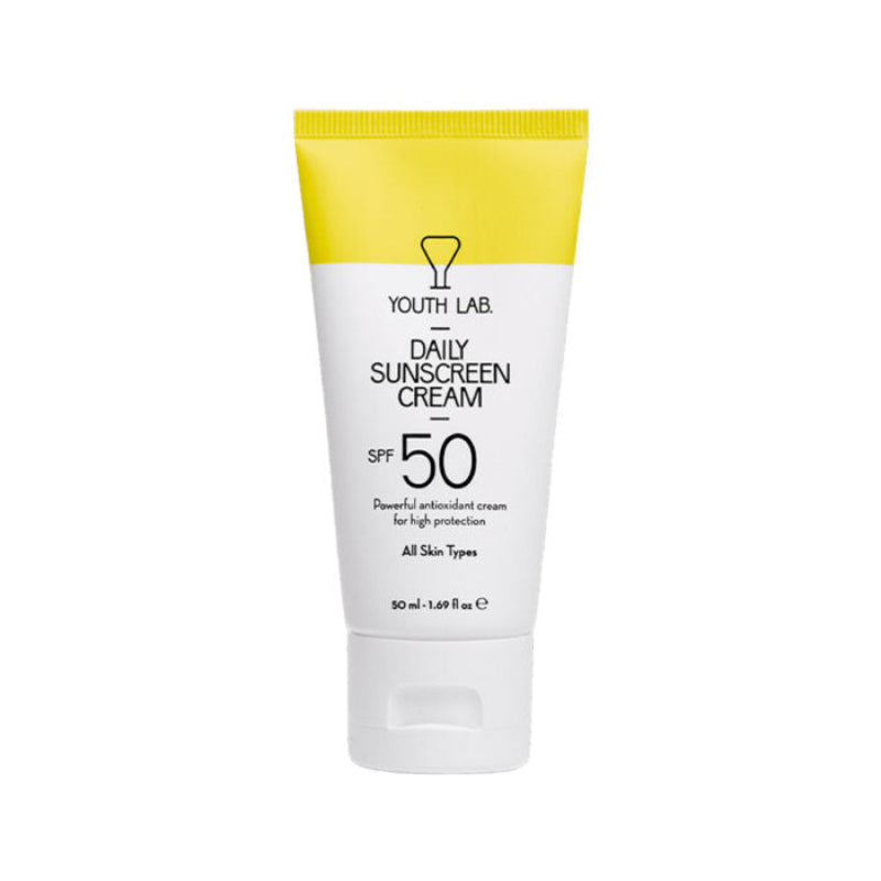 A tube of Youth Lab Daily Sunscreen Cream with SPF 50+ indicated on the packaging.