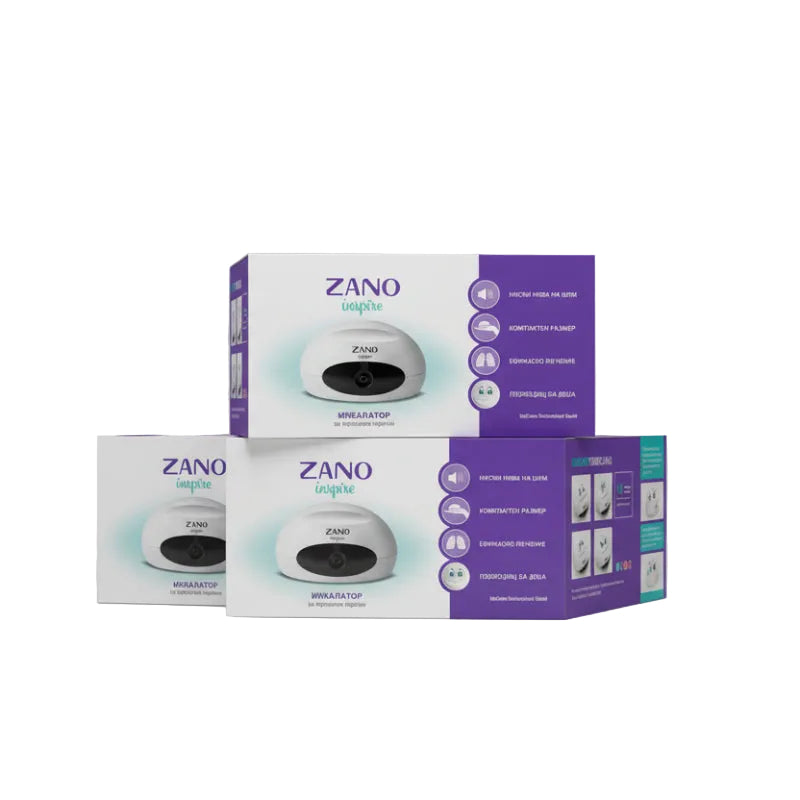 Zano inspire inhaler packaging with product and features on a white background